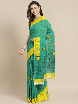 Juniper - Teal Cotton Mulmul Bagru Print Saree With Unstitched Blouse
