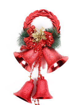 Itsy Bitsy - 4 Christmas Hanging Ornaments Doted Bells Wreath With Grass And Bow Red