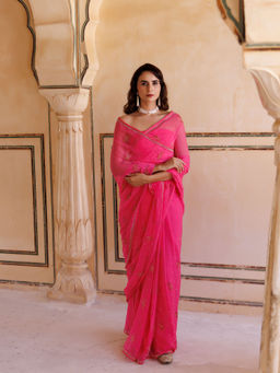 Geroo Jaipur - Hot pink Hand embroidered Resham-tube Chiffon saree