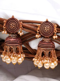 Karatcart - Antique Gold Plated Maroon Tomb Style with Golden Pearl Jhumki Earrings for Women