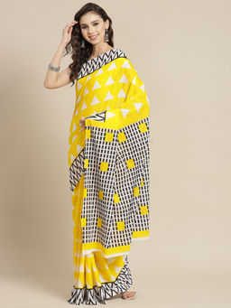 Juniper - Yellow Cotton Mulmul Bagru Print Saree With Unstitched Blouse