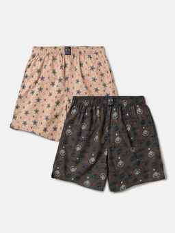 Jockey - UB08 Boys Cotton Printed Boxer Shorts - Deep Olive & Nomad (Pack of 2)