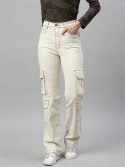 SHOWOFFFF - Womens Cream Stretchable Straight Fit Jeans