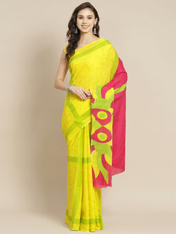 Juniper - Yellow Cotton Mulmul Bagru Print Saree With Unstitched Blouse
