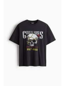 H&M - Men Black Loose Fit Vintage-Look Printed T-Shirt