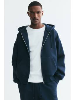 H&M - Men Navy Blue Oversized Fit Zip-Through Hooded Jacket