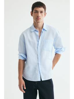 H&M - Men Blue Relaxed Fit Linen-Blend Shirt