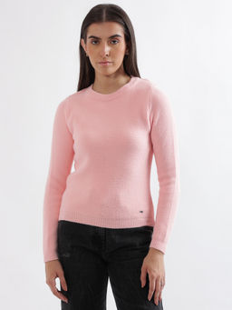 ELLE - Pink Textured Round Neck Full Sleeves Pullover Style Sweater