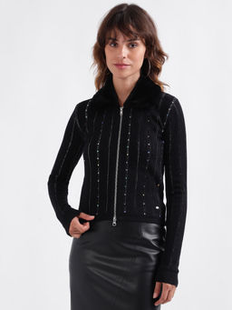 ELLE - Black Embellished Collar Neck Full Sleeves Cardigan