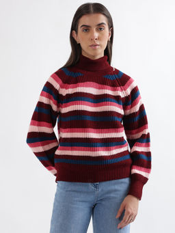ELLE - Multi-Color Striped Turtle Neck Full Sleeves Pullover Sweater