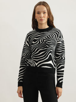 ELLE - Black Printed Round Neck Full Sleeves Pullover Sweater