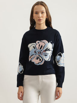 ELLE - Navy Printed Round Neck Full Sleeves Pullover Sweater