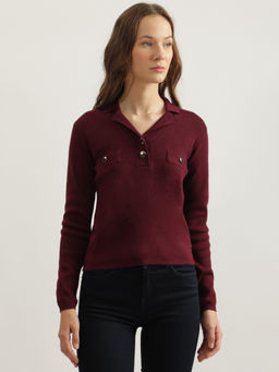 ELLE - Wine Textured Collar Full Sleeves Pullover Sweater