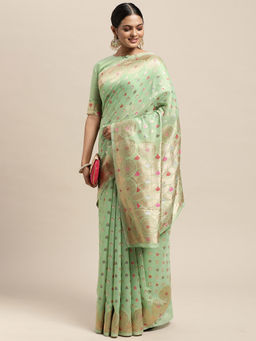 Sareemall - Womens Silk Blend Green Woven Design Saree with Unstitched Blouse