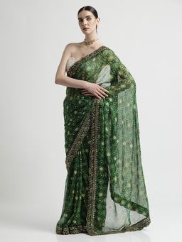 Jaipur Kurti - Green Foil Printed Embellished Pure Georgette Saree with Unstitched blouse