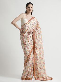 Jaipur Kurti - Satin Silk Printed Floral Mirror Work Party Wear Saree with Unstitched blouse