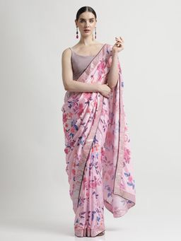 Jaipur Kurti - Satin Silk Printed with Sequin Work Lace Saree with Unstitched blouse