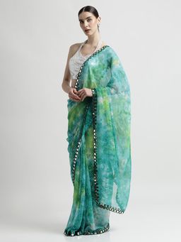 Jaipur Kurti - Pure Georgette Patola Mirror Green Tie-Dye Saree with Unstitched blouse