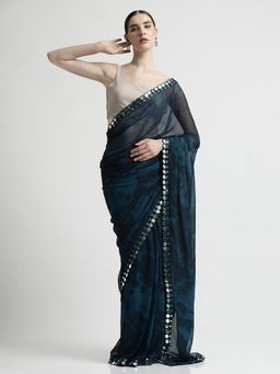 Jaipur Kurti - Pure Georgette Patola Mirror Teal Tie-Dye Saree with Unstitched blouse