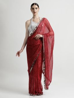 Jaipur Kurti - Pure Georgette Patola Mirror Red Tie-Dye Saree with Unstitched blouse
