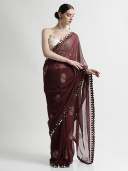Jaipur Kurti - Pure Georgette Patola Mirror Foil Printed Maroon Saree with Unstitched blouse