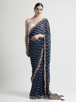 Jaipur Kurti - Blue Leheriya Embroidered Pure Georgette Saree with Unstitched blouse
