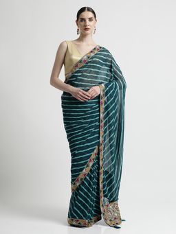 Jaipur Kurti - Teal Leheriya Embroidered Pure Georgette Saree with Unstitched blouse