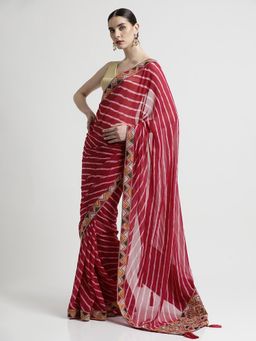 Jaipur Kurti - Pink Leheriya Embroidered Pure Georgette Saree with Unstitched blouse