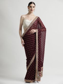 Jaipur Kurti - Wine Bandhani Embroidered Pure Georgette Saree with Unstitched blouse