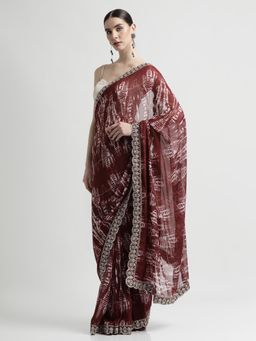 Jaipur Kurti - Maroon Pure Georgette Tie Dye Saree with Unstitched blouse
