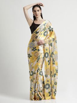 Jaipur Kurti - Yellow Floral Printed Japan Silk Saree with Unstitched blouse