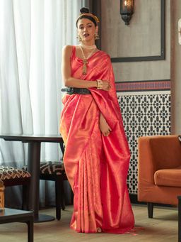 Sareemall - Women Silk Blend Pink Woven Design Designer Saree with Unstitched Blouse