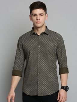 SHOWOFFFF - Mens Spread Collar Olive Printed Shirt