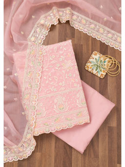 Koskii - Pink Thread Work Organza Unstitched Salwar Suit (Set of 3)
