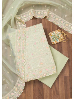 Koskii - Pista Green Thread Work Organza Unstitched Salwar Suit (Set of 3)