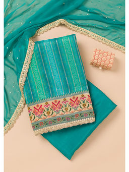 Koskii - Teal Blue Thread Work Semi Crepe Unstitched Salwar Suit (Set of 3)