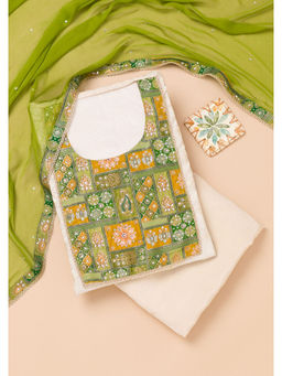 Koskii - Leaf Green Patchwork Organza Unstitched Salwar Suit (Set of 3)