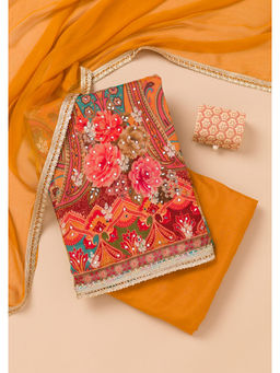 Koskii - Mustard Printed Georgette Unstitched Salwar Suit (Set of 3)