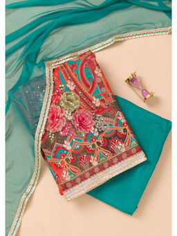 Koskii - Peacock Teal Printed Georgette Unstitched Salwar Suit (Set of 3)