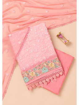 Koskii - Pink Thread Work Georgette Unstitched Salwar Suit (Set of 3)