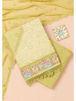 Koskii - Parrot Green Thread Work Georgette Unstitched Salwar Suit (Set of 3)