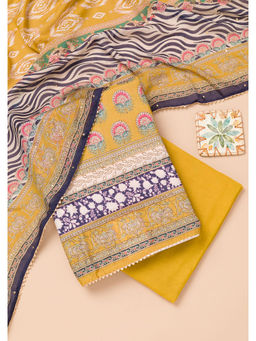 Koskii - Mustard Printed Semi Crepe Unstitched Salwar Suit (Set of 3)