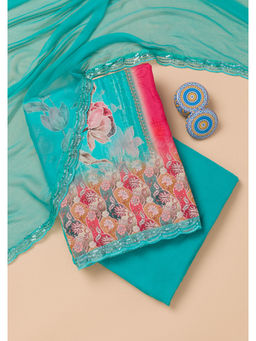 Koskii - Turquoise Printed Semi Crepe Unstitched Salwar Suit (Set of 3)