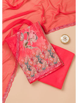 Koskii - Red Printed Semi Crepe Unstitched Salwar Suit (Set of 3)