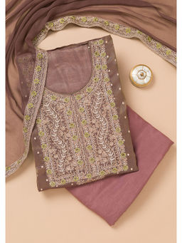 Koskii - Brown Thread Work Organza Unstitched Salwar Suit (Set of 3)