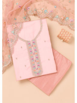 Koskii - Onion Pink Thread Work Organza Unstitched Salwar Suit (Set of 3)