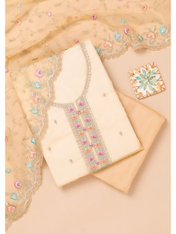 Koskii - Beige Thread Work Organza Unstitched Salwar Suit (Set of 3)