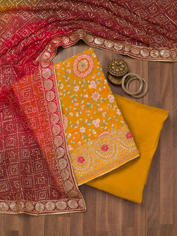 Koskii - Mustard Thread Work Semi Crepe Unstitched Salwar Suit (Set of 3)