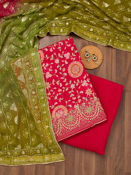Koskii - Red Thread Work Semi Crepe Unstitched Salwar Suit (Set of 3)