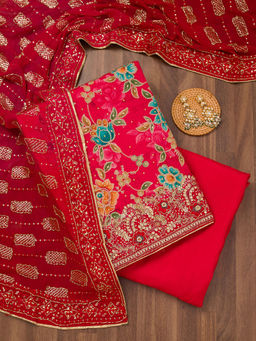 Koskii - Red Printed Semi Crepe Unstitched Salwar Suit (Set of 3)